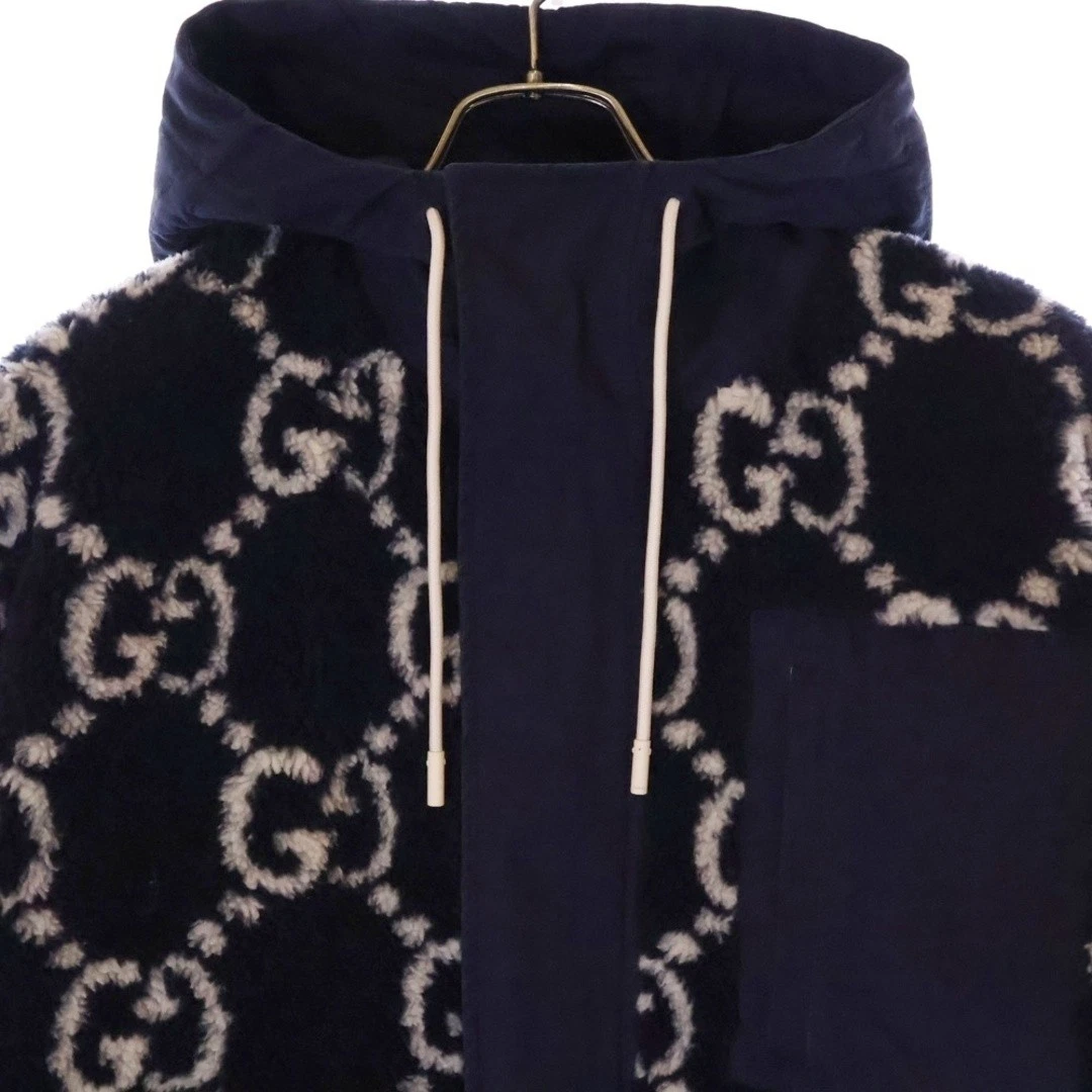 GUCCI GG Giacca Jacquard Tessuto Fuzzy Boa Hoody Navy 771121 XJF4D Usato10c0