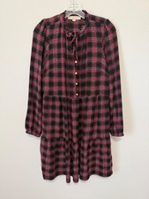 LOFT Long Sleeve 1/2 Button Ruffled Tie Neck Shimmer Plaid Tiered Dress Size S