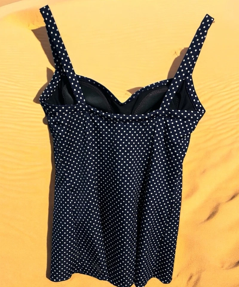 Vestido de baño Anne Klein para mujer 16 azul marino a lunares traje de baño acolchado de una pieza Foto 2 de 4