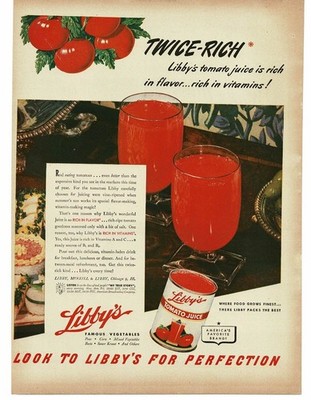 1946 Libby's Tomato Juice in fancy glasses Print Ad