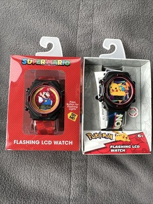 POKEMON PIKACHU & SUPER MARIO Digital LCD Watch w/ Flashing Light-Up Face