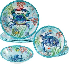 Melamine 12 pcs Dinnerware Set,Ocean Theme Plates and Bowls Tropical Ocean 