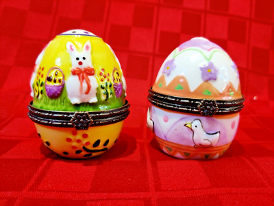 2 Easter Egg Ceramic Colorful Trinket Boxes, Bunnies and chickens!