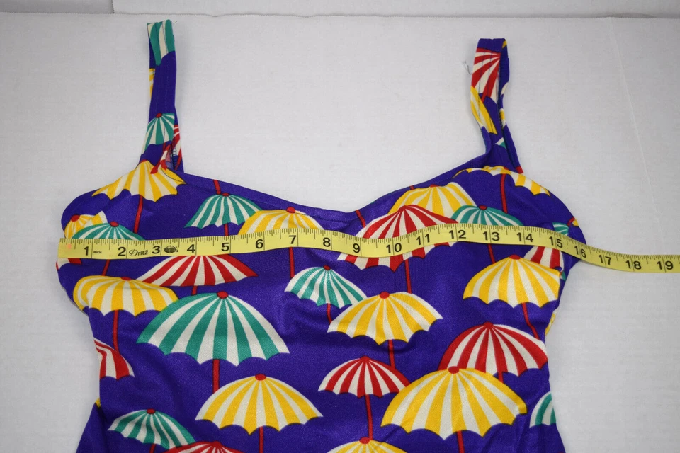 Traje de baño vintage talla M/L años 70 rosa Marie Reid color pop sombrillas azul una pieza Foto 3 de 4