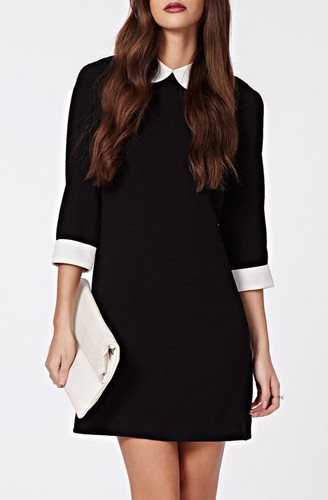 Womens Black Monochrome Peter Pan Collar 3/4 - Sleeve Skater Block Mini Dress | eBay