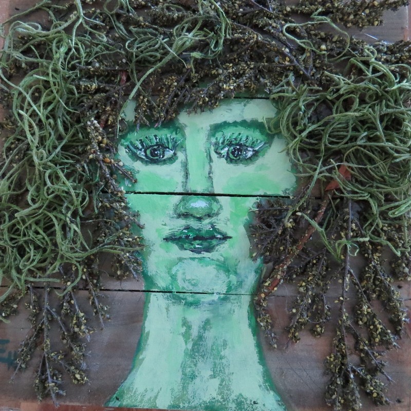 Woman Garden Fairy Elf Imp Green Hair Mixed Media Wood Painting Art Ericajaye