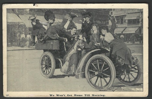 EARLY AUTO WITH PARTYING GROUP 1908 Billiard Parlor in Background