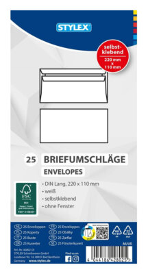 Envelopes, DIN Long, Windowless, Self Adhesive [Stylex 42802] 25 Count