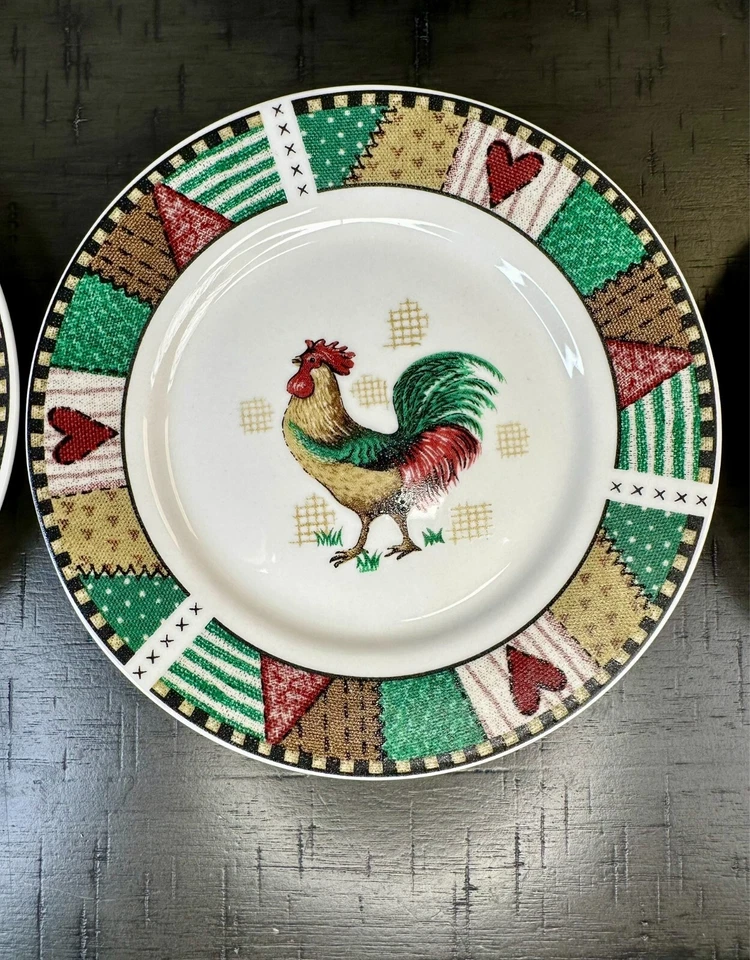 Vintage Rooster Patchwork Dinner Plates Set of 6 - Farmhouse Decor - Image 3 of 4