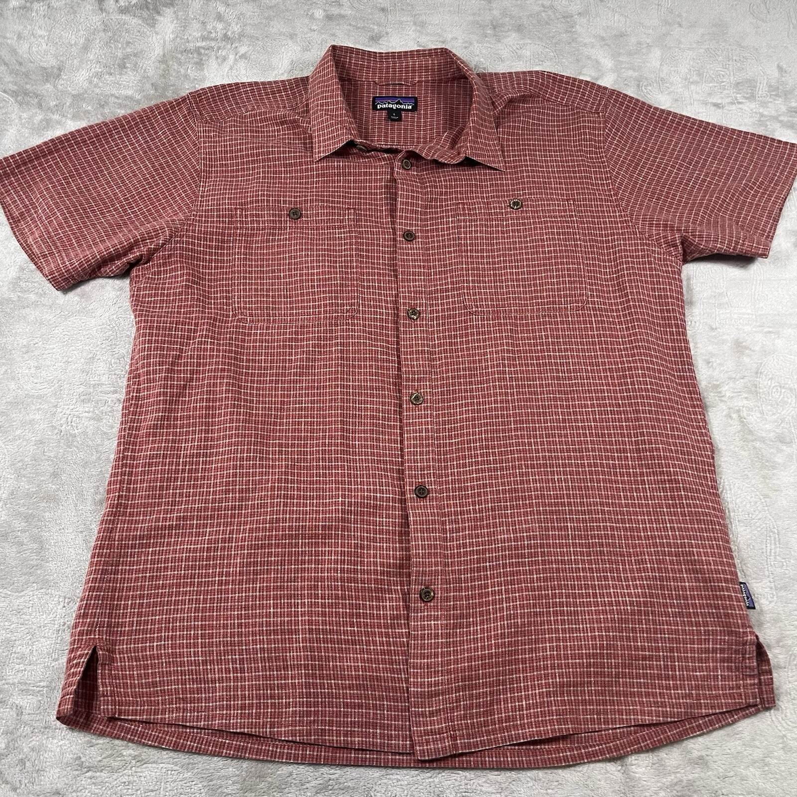 Patagonia organic cotton shirt  short sleeve orange Plaid crinkle Men’s Large