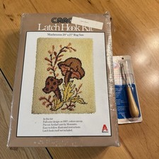 Vintage 1977 Caron Latch Hook Kit MUSHROOMS 20x27 Rug Wall Hanging Mostly Sealed