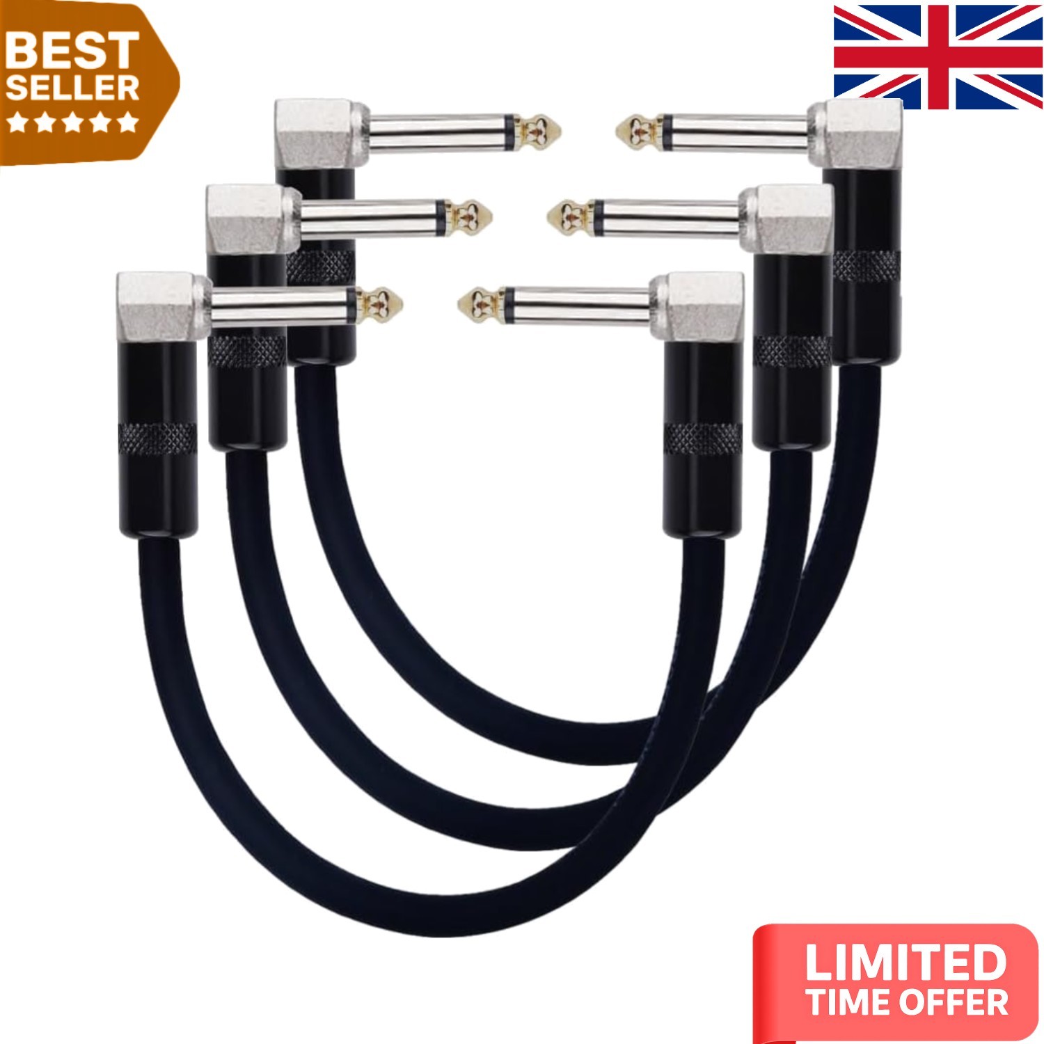 3 Pack 15cm Guitar Patch Cables - Durable Noiseless Right Angle Connectors