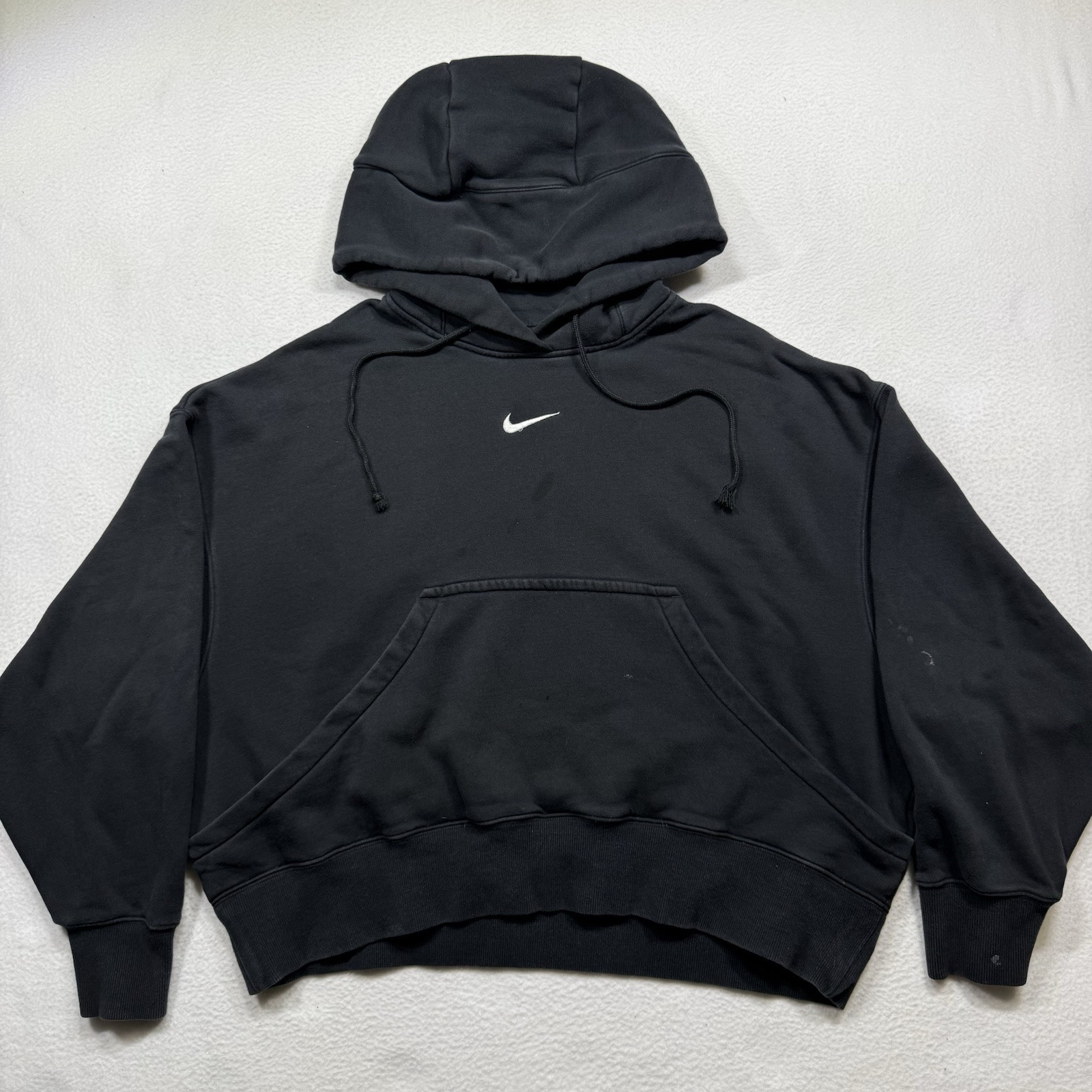 Nike Hoodie Womens XS Center Swoosh Y2K Boxy Sweatshirt Black Crop Pullover VTG