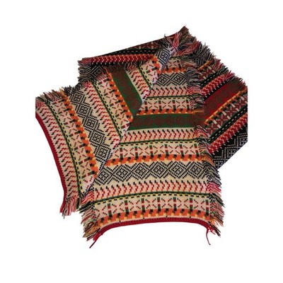 Knit Scarf Faire Isle Fringe Color Block Geometric Red Multi Reversable Cozy  