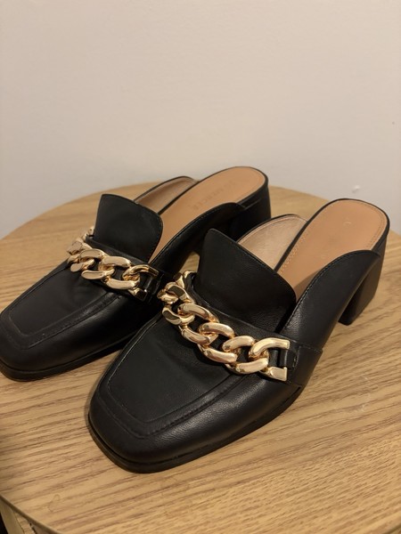 Jo Mercer Black Leather Chain Mule Heels Block Mid Heel Square Toe EU 36
