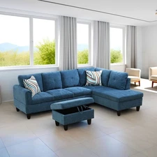 Blue Flannel 3-Piece Living Room Sofa Set