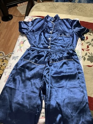 Men's Blue Satin Pajama Set XXL 2-Piece Short Sleeve Collared Button Front