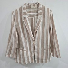 Chicos Womens Blazer Jacket Size Medium Striped Linen Blend Business Coastal