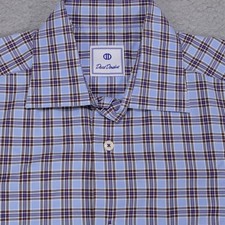 David Donahue Shirt Mens Medium Blue Brown Plaid Button Up Long Sleeve