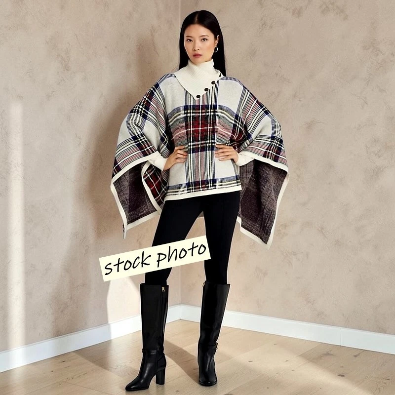 Lauren Ralph Plaid Wool Blend Poncho S/M Black Label CBK Timeless Heritage Prep