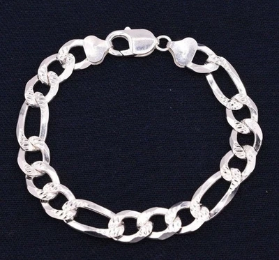10mm Italien Figaro Diamant Pavé Coupe Lien Bracelet Chaîne Vrai Argent Sterling - Photo 1/4