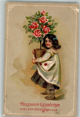 38179730 - Embossed Print Girl with a Flower Pot Red Roses Artist Card