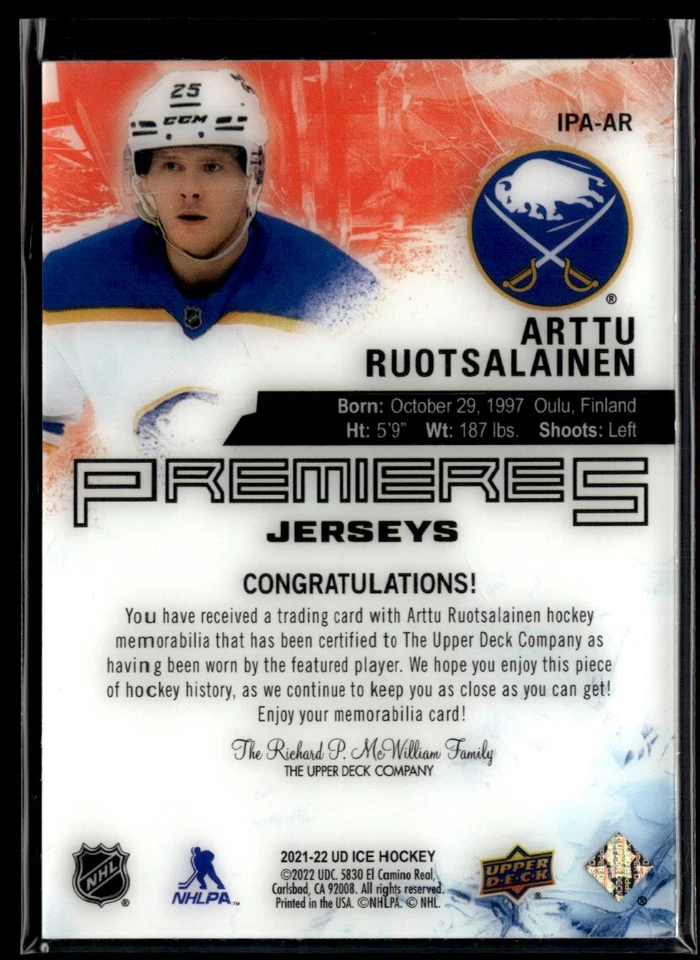 2021-22 Upper Deck Ice Premieres Jersey Arttu Ruotsalainen #IPA-AR SM@JFC1 - Image 2 of 2