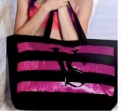 Victoria's Secret VS Logo Pink Bling Sequin Zipper Tote Weekender Bag BIG NWT