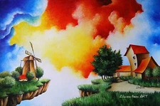 ORIGINAL Oil PAINTING Fantasy ART DREAMY colorfull sky flying island windmill