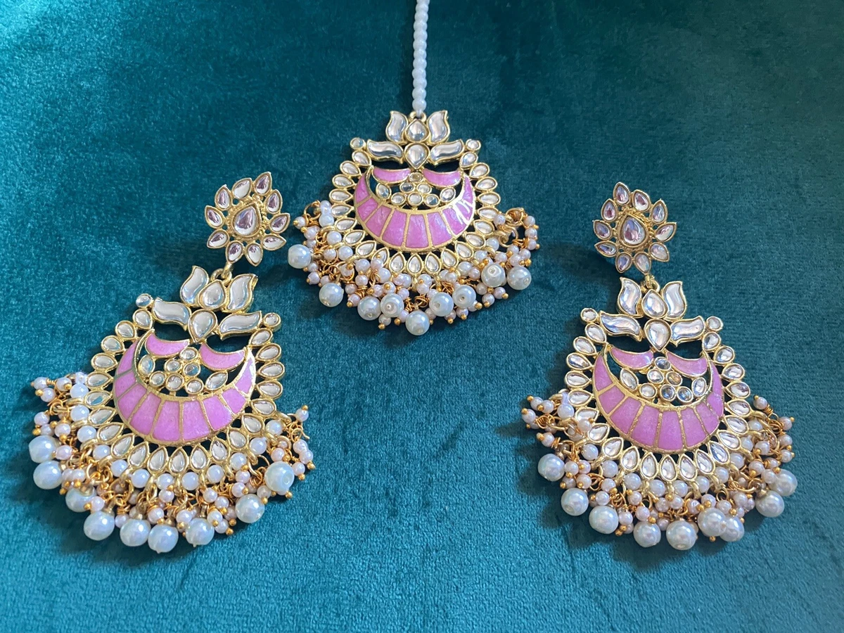 Pink Colour Big Kundan Meena Earrings With Maang Tikka
