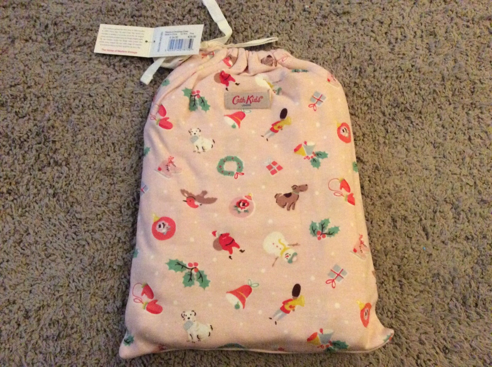 BNWT New Cath Kidston Kids Baby Sleepsuit Hat & Bag Pink Christmas Cheer 12-18 M