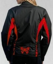 Ladies Motorcycle Jacket With Red Embroidery On Butterfly On Back Size Small