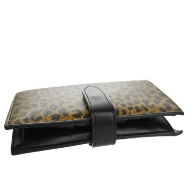 CELINE Logo Leopard Bifold Wallet Purse Leather Brown Black
