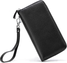 Wallet RFID Blocking Genuine Leather Zip around Wallet Clutch Wristlet Black