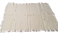 Vintage Baby Blanket Yellow Embroidered Blue Floral 23x35 Satin Edge 3188JR
