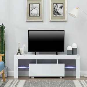 51/" TV Stand Media Storage Cabinet w//LED Light Glass Shelves Console RC White