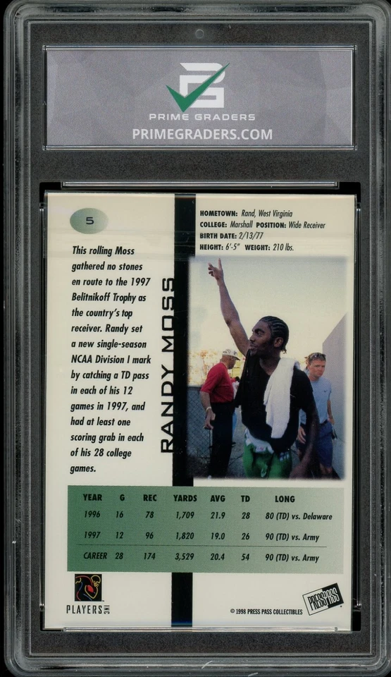 1998 Press Pass #5 Randy Moss GRADED 10 Gem Mint Rookie Card RC - Image 2 of 2