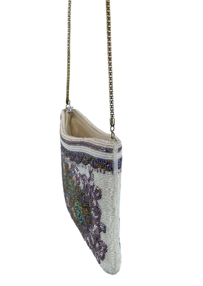 Bolso sin asas de noche vintage Le Regale marfil y púrpura con correa de cadena con cuentas para mujer talla S Foto 3 de 4