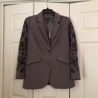 NWT DG2 Diane Gilman Floral Embroidered Gabardine Blazer Jacket Slate Size Large