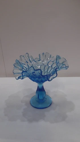 FENTON COLONIA BLUE 6” THUMBPRINT PEDESTA COMPOTE RUFFLED EDGE