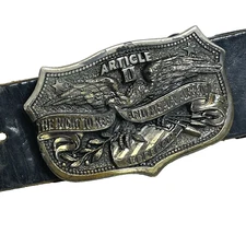 The Great American Buckle Co Article II Buckle on Black Leather Belt 1982 Sz XL