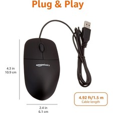 New Amazon Basics 3-Button Wired USB Mouse, Black, 10 Pieces