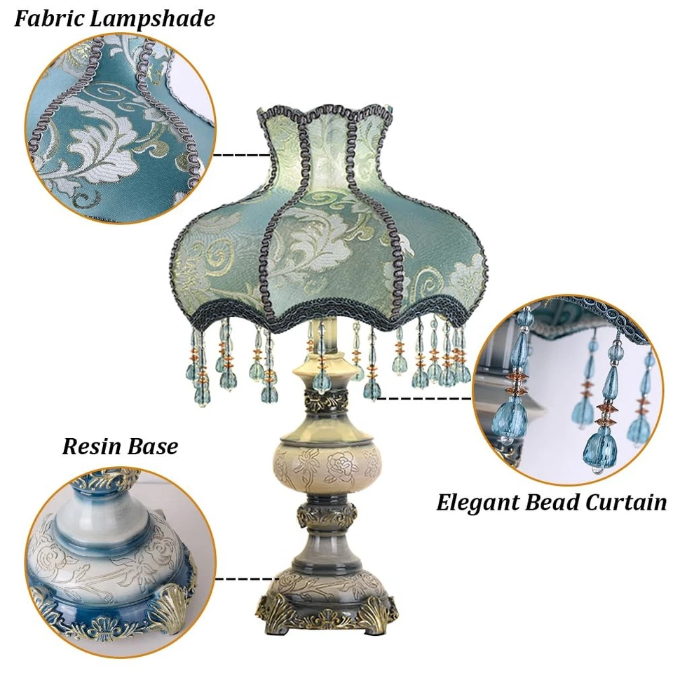 维多利亚风格蓝色台灯花卉装饰床边台灯带Bea... — 第 4/4 张图片