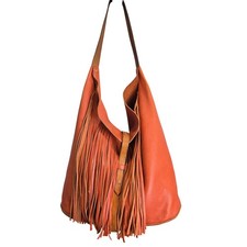 Borsa hobo Henry Beguelin arancione pelle ciottolata frange Made in Italy logo Omino