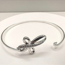 Vintage Y2K Silver Tone Bow Hand Bangle Bracelet Clear Rhinestone Boho Jewelry