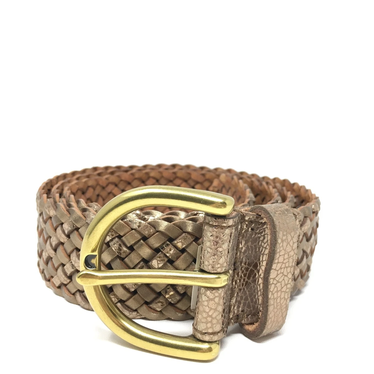 Fossil vintage woven braided leather belt gold metallic Vintage Fossil Wide Woven Belt - Genuine Brown Leather, Soft  main image 3