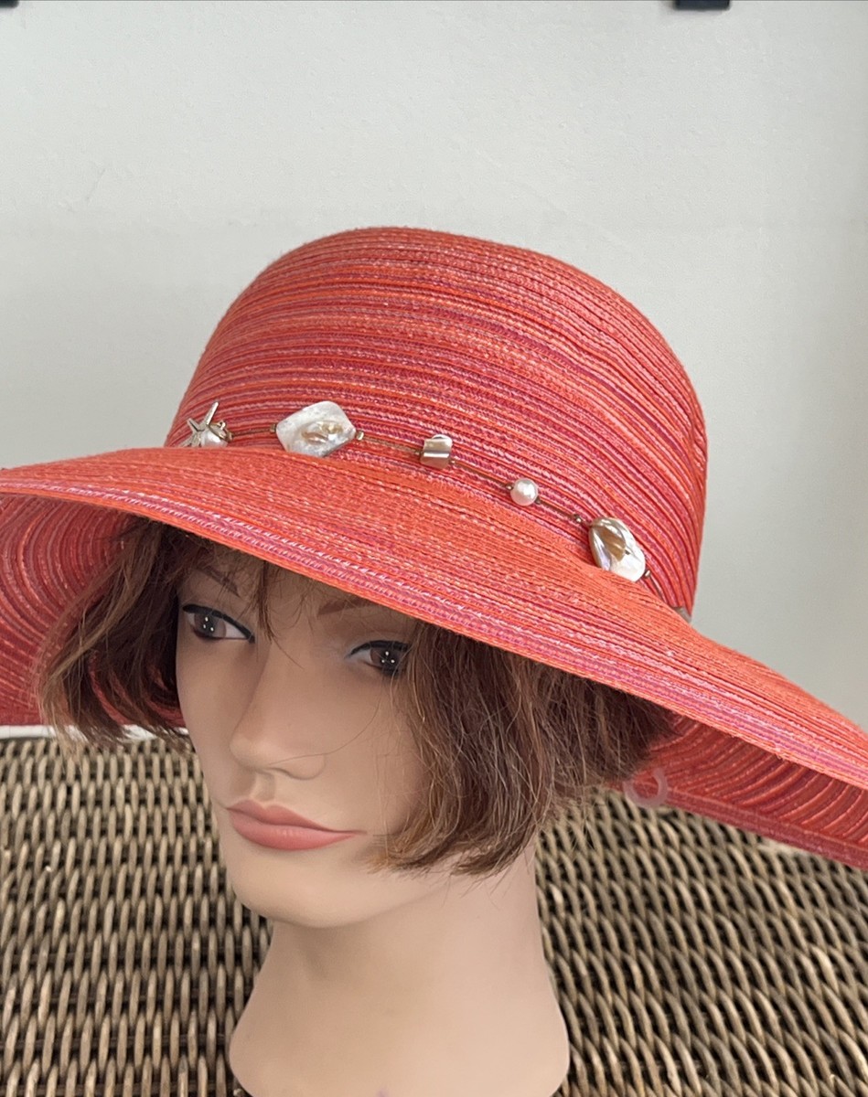 Cappelli Woven Straw Brim Hat Orange Seashell Embellished  display picture 3