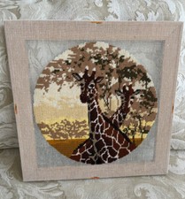 Vintage Estate Hand Stitched Needlepoint GIRAFFES, Mounted Onto Wood, 16" x 16"
