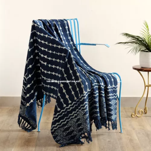 Mud Cloth Sofa Throw Indigo Handloom Travel Blanket Block Print Throw Blanket