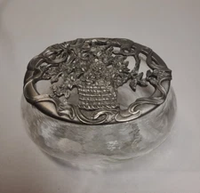 Scarborough and Company 1991 Potpourri Jar Glass w Basket of Roses Pewter Lid